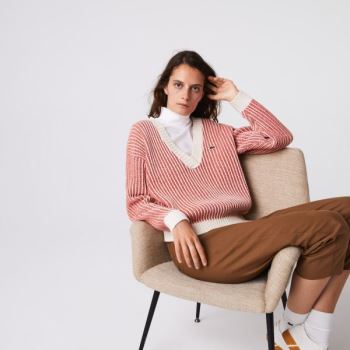 Lacoste Two-Tone Low V-Neck Ribbed Wool Sweater Dámské - Svetr Červené / Béžový | CZ-EML6nj